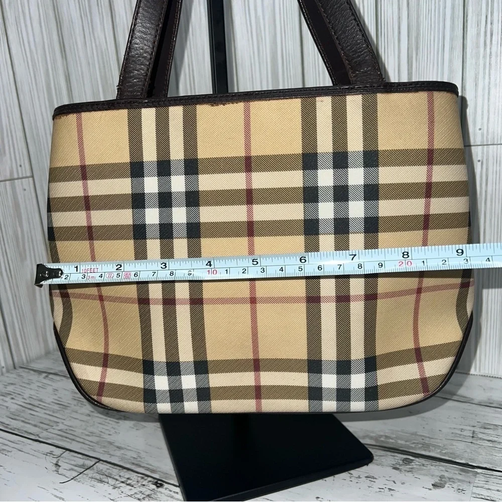 Burberry Vintage Nova Check Tote Bag Brown Leather Trim Plaid Shoulder Handbag